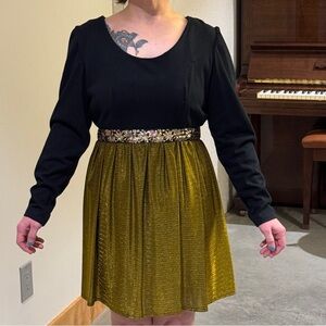 Vintage Black and Gold Empire-Waisted long sleeve mini dress